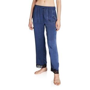 Neiman Marcus Silky Satin Lounge Pants Midnight Blue Black Lace Trim